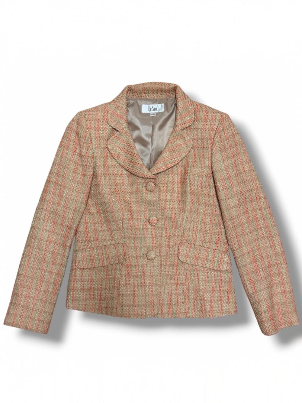 Le Suit Tweed Boucle Blazer Womens 6 Beige Orange Parisian Chic Jacket